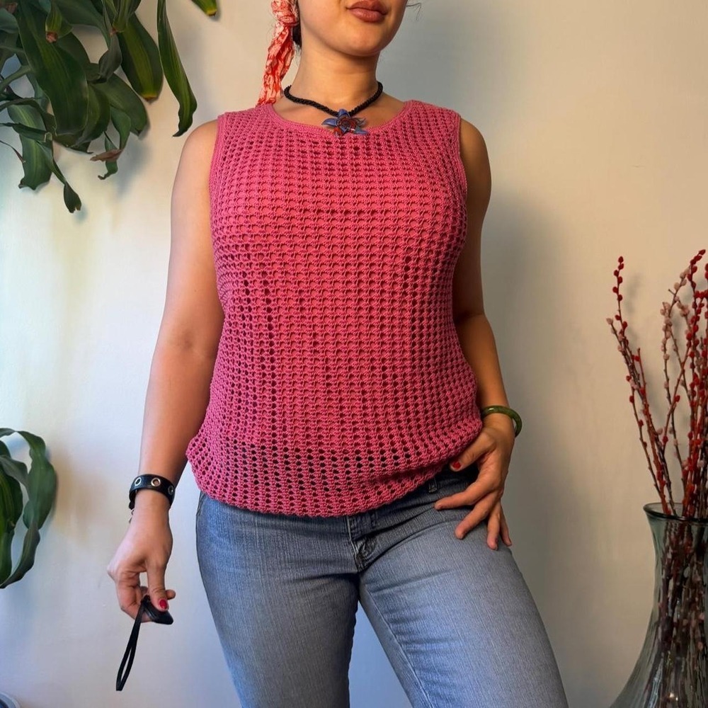 Kate Hill Casual Pink Crochet Sleeveless Knit Blouse Boho Tank Top XL